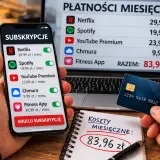 Telefon pokazuje listę subskrypcji, jak Netflix i Spotify. Widoczny jest przycisk "Anuluj subskrypcję", sugerujący, jak wyłączyć subskrypcje.