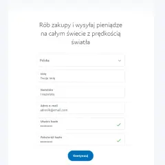 Formularz rejestracyjny PayPal. Wpisz dane: kraj, imię, nazwisko, e-mail, hasło. Dowiedz się, jak założyć PayPal.