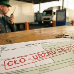 Na stole leży deklaracja importowa z pieczęcią "CŁO - URZĄD CELNY". W tle funkcjonariusz Straży Granicznej rozmawia przez radio przy ciężarówce.