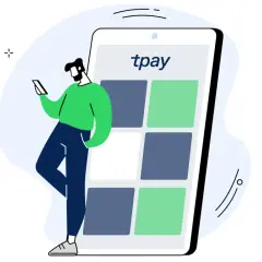 Mężczyzna korzysta z telefonu z logo "tpay", przeglądając różne metody płatności.