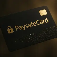 Elegancka, czarna karta PaysafeCard ze złotym symbolem kłódki i chipem. Idealna do bezpiecznych płatności online.