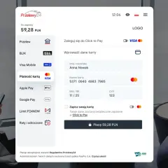 Płatność kartą Visa na kwotę 59,28 PLN przez Przelewy24. Dane Anny Nowak są gotowe do użycia w Click to Pay.