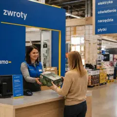 Klientka dokonuje zwrot towaru w Castoramie. Pracownica obsługuje ją przy stanowisku zwrotów.