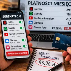 Telefon pokazuje listę subskrypcji, jak Netflix i Spotify. Widoczny jest przycisk "Anuluj subskrypcję", sugerujący, jak wyłączyć subskrypcje.
