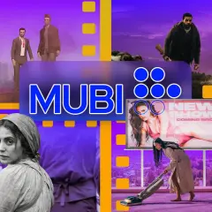 MUBI kody rabatowe: kolaż scen filmowych, w tym postacie w garniturach, mężczyzna z karabinem i kobieta odkurzająca.