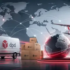 DPD wysyłka za granicę cennik: van, samolot, paczki i globus symbolizują globalną logistykę.
