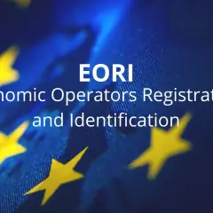 EORI: Rejestracja i Identyfikacja Podmiotów Gospodarczych na tle flagi UE.