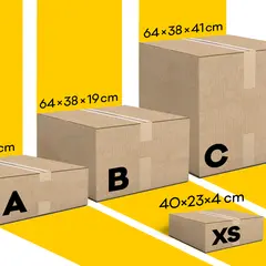 Różne wymiary paczkomatu InPost: XS (40x23x4 cm), A (64x38x8 cm), B (64x38x19 cm), C (64x38x41 cm).