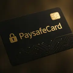 Elegancka, czarna karta z logo PaysafeCard i symbolem kłódki. Idealna do bezpiecznych płatności online.