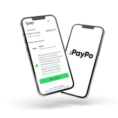 Dwa telefony prezentują płatność PayPo. Na jednym ekranie widać proces zakupu online z opcją "Kupuj teraz, zapłać później" za pomocą PayPo.