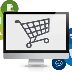 Komputer z ikoną koszyka, symbolami bezpieczeństwa (kłódka, tarcza, SSL) i zaufania (dłonie, gwiazdki). Idealny do e-commerce.