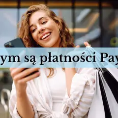Uśmiechnięta kobieta z telefonem i torbami na zakupy. Czy payu co to? Szybkie i wygodne płatności online.
