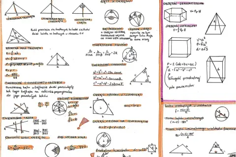 Planimetria, stereometria, kąty w okręgu, twierdzenia sinusów i cosinusów, okręgi wpisane i opisane, długość łuku, pole wycinka koła, objętość graniastosłupa i ostrosłupa. Jak się podaje wymiary.
