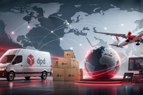 DPD wysyłka za granicę cennik: van, samolot, paczki i globus symbolizują globalną logistykę.