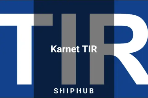 Duże białe litery TIR na granatowym tle. Poniżej napis "Karnet TIR SHIPHUB".
