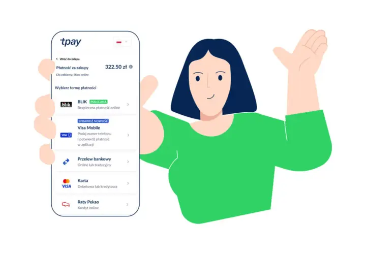 Wybierasz formę płatności na tpay. Dostępne opcje to BLIK, Visa Mobile, przelew bankowy, karta i raty.
