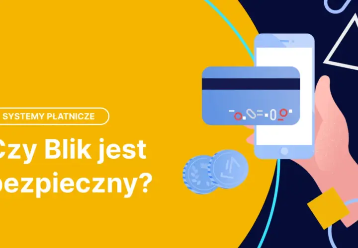 Grafika przedstawia smartfon z kartą płatniczą i monetami, sugerując bezpieczeństwo płatności BLIK.