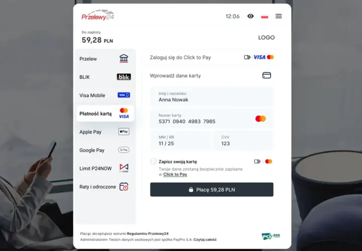 Płatność kartą Visa na kwotę 59,28 PLN przez Przelewy24. Dane Anny Nowak są gotowe do użycia w Click to Pay.