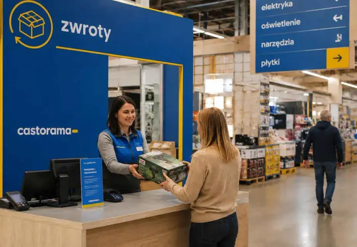 Klientka dokonuje zwrot towaru w Castoramie. Pracownica obsługuje ją przy stanowisku zwrotów.