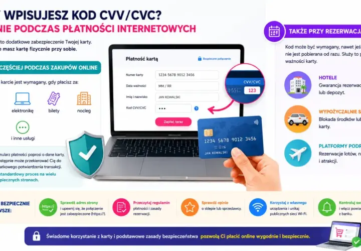 Podczas płatności online, kod CVV/CVC na karcie potwierdza, że masz ją fizycznie przy sobie. Jest wymagany przy zakupach ubrań, elektroniki, biletów, rezerwacji hoteli, aut czy lotów.