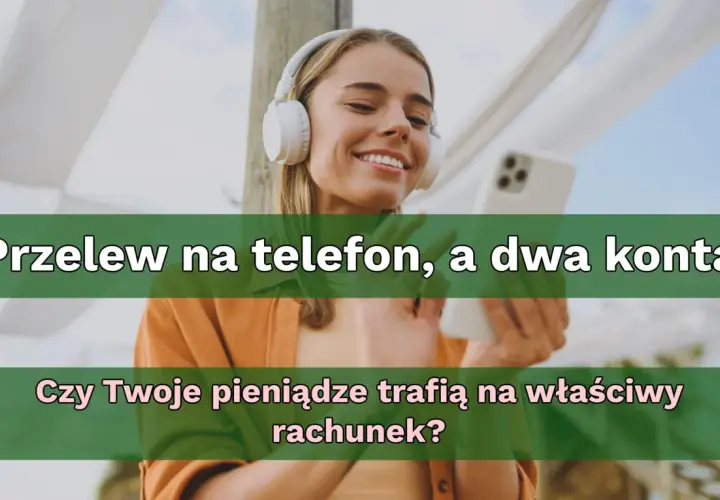 Uśmiechnięta kobieta w słuchawkach trzyma smartfon. Czy przelew na telefon jest bezpieczny i trafi na właściwy rachunek?