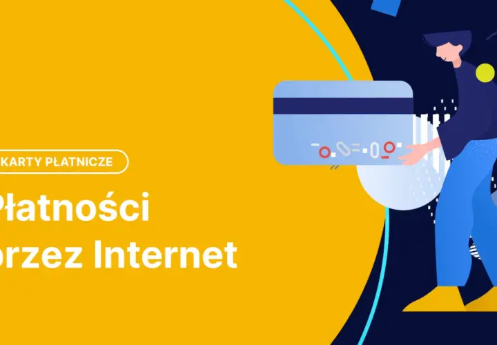 Ilustracja przedstawia płatności przez Internet z użyciem karty wirtualnej. Postać trzyma kartę, symbolizując łatwość transakcji online.