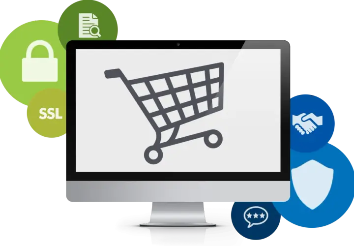 Komputer z ikoną koszyka, symbolami bezpieczeństwa (kłódka, tarcza, SSL) i zaufania (dłonie, gwiazdki). Idealny do e-commerce.
