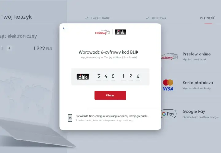 Płatność online co to znaczy? Potwierdzenie kodu BLIK 348126 w aplikacji bankowej, by zapłacić za sprzęt elektroniczny.