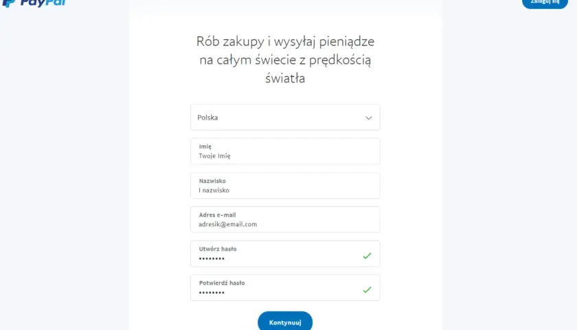Formularz rejestracyjny PayPal. Wpisz dane: kraj, imię, nazwisko, e-mail, hasło. Dowiedz się, jak założyć PayPal.