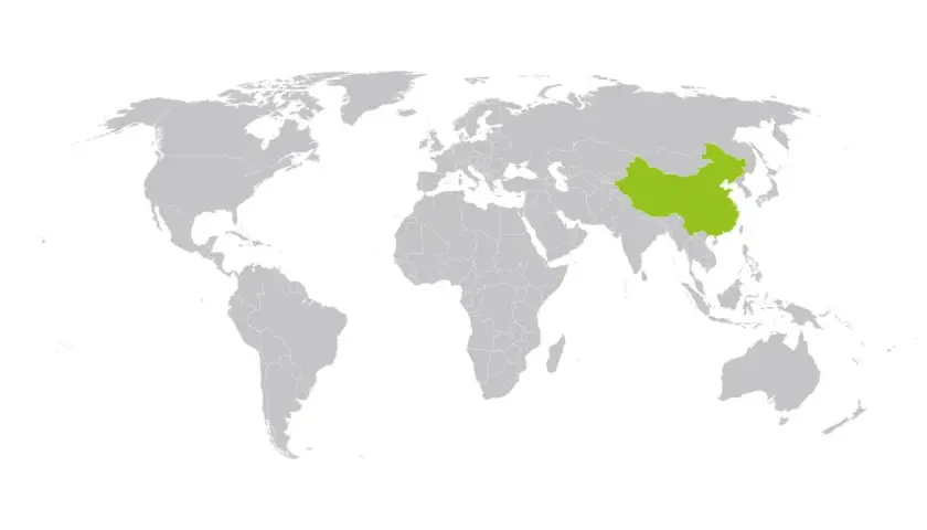 Mapa świata z zaznaczonym na zielono krajem. To Chiny, cel Twojej paczki do Chin.