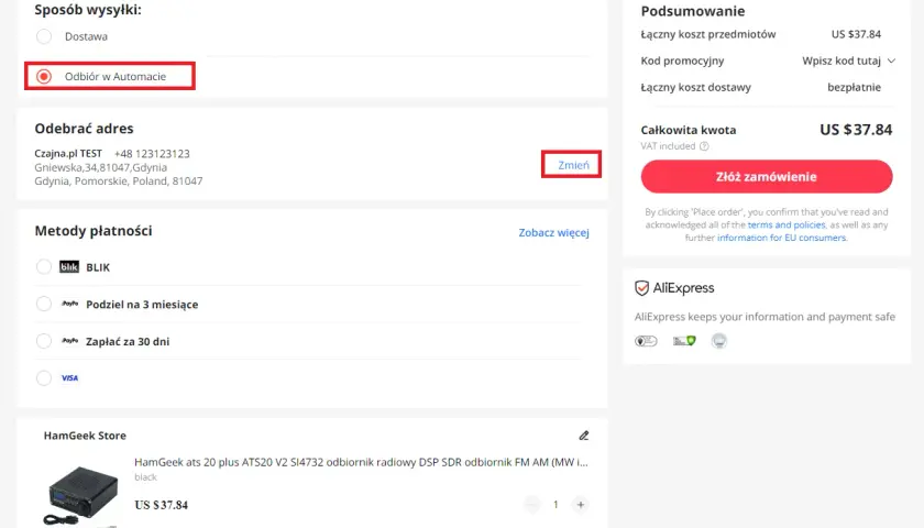 Zamówienie z AliExpress z opcją odbioru w automacie. Wybrano odbiór w paczkomacie.