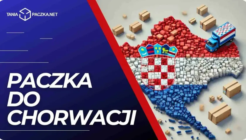 Mapa Chorwacji ułożona z paczek, z ciężarówką i mniejszymi przesyłkami. Twoja paczka do Chorwacji dotrze szybko i bezpiecznie.