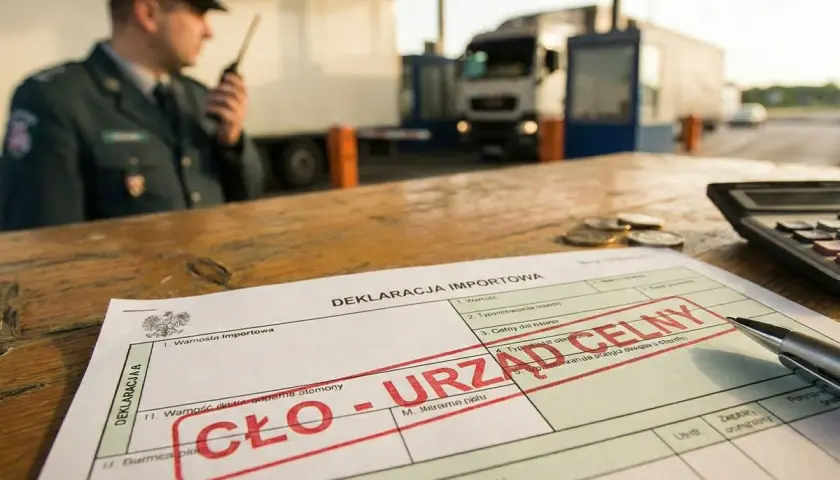 Na stole leży deklaracja importowa z pieczęcią "CŁO - URZĄD CELNY". W tle funkcjonariusz Straży Granicznej rozmawia przez radio przy ciężarówce.