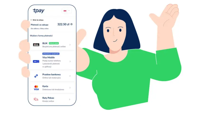 Wybierasz formę płatności na tpay. Dostępne opcje to BLIK, Visa Mobile, przelew bankowy, karta i raty.