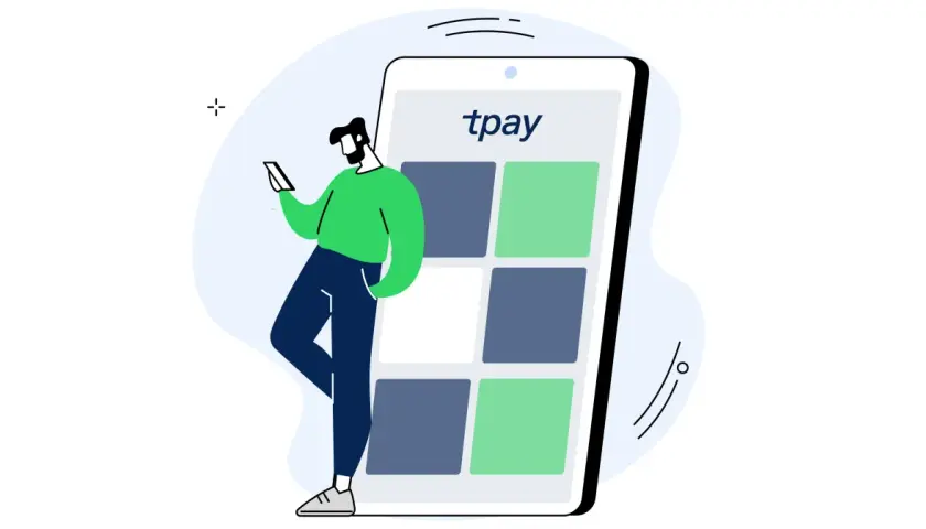 Mężczyzna korzysta z telefonu z logo "tpay", przeglądając różne metody płatności.