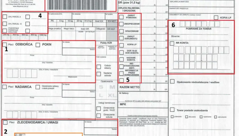 DHL list przewozowy z danymi nadawcy, odbiorcy i szczegółami przesyłki.