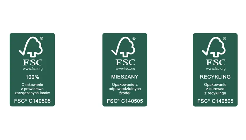 Trzy zielone etykiety FSC: 100% z lasów, mieszane z odpowiedzialnych źródeł i recykling.
