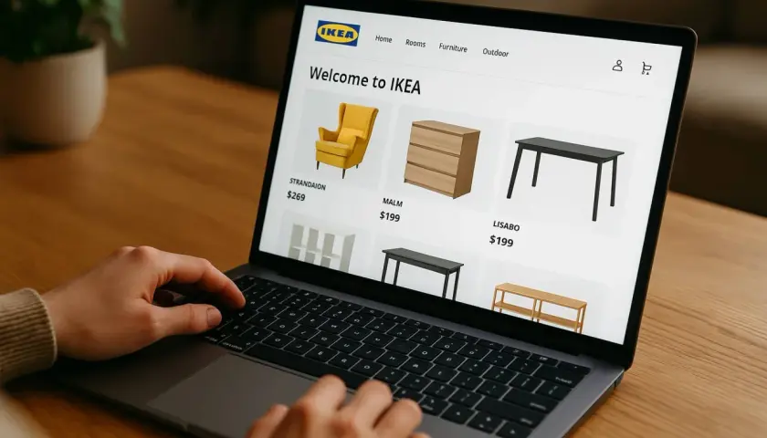 Osoba przegląda meble na stronie IKEA, planując zakupy. Może zapłacić wygodnie przez PayPo.
