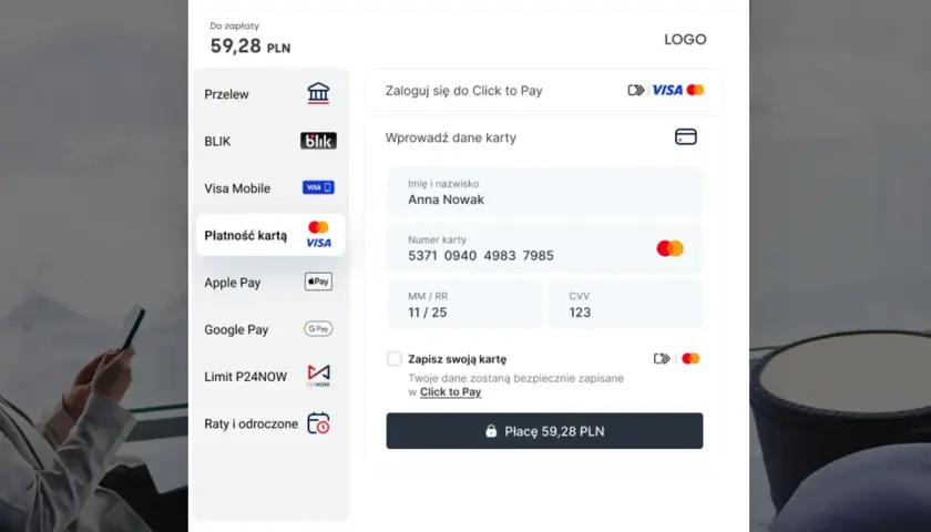 Płatność kartą Visa na kwotę 59,28 PLN przez Przelewy24. Dane Anny Nowak są gotowe do użycia w Click to Pay.