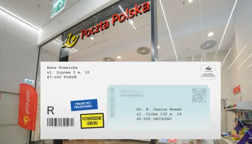 Awizo Poczty Polskiej. Jak sprawdzić nadawcę? Na kopercie widnieje adres Anny Kowalskiej z Torunia i adres odbiorcy Janiny Nowak z Gniezna.