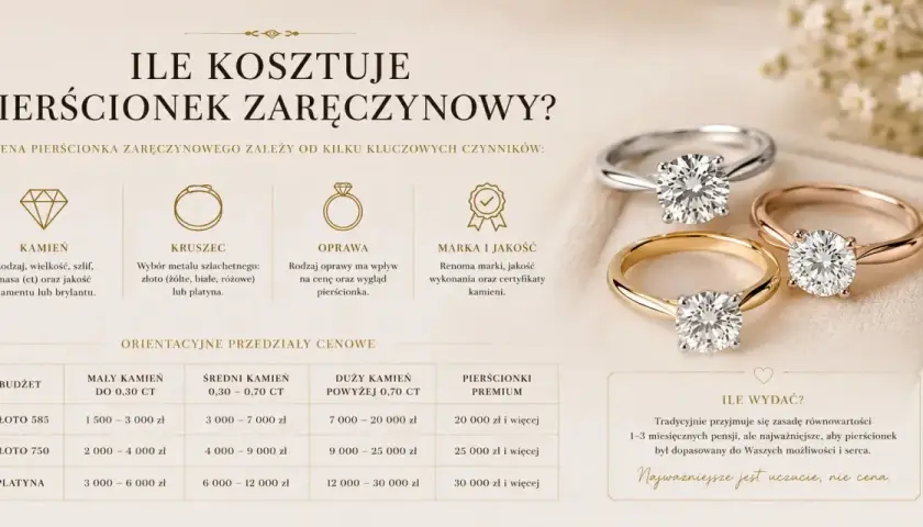Ile powinien kosztować pierścionek zaręczynowy? Tabela cenowa uwzględnia kamień, kruszec i oprawę, pokazując, że cena zależy od wielu czynników.