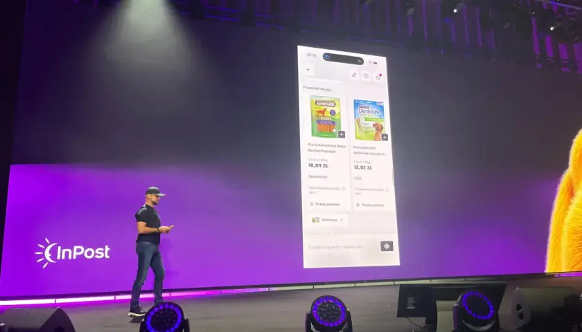 Prezentacja aplikacji InPost marketplace z produktami dla psów.