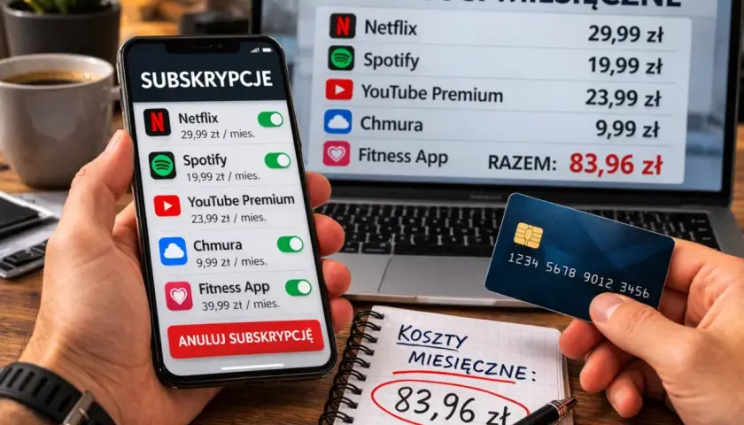 Telefon pokazuje listę subskrypcji, jak Netflix i Spotify. Widoczny jest przycisk "Anuluj subskrypcję", sugerujący, jak wyłączyć subskrypcje.
