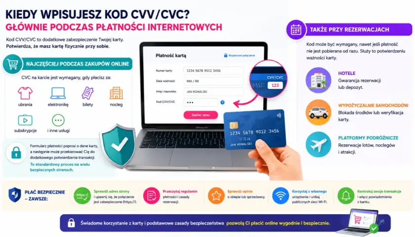 Podczas płatności online, kod CVV/CVC na karcie potwierdza, że masz ją fizycznie przy sobie. Jest wymagany przy zakupach ubrań, elektroniki, biletów, rezerwacji hoteli, aut czy lotów.
