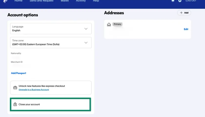 Opcje konta PayPal, gdzie można znaleźć opcję jak usunąć konto Paypo. Widoczna jest też sekcja adresów.