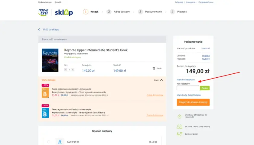 Nowa era kody rabatowe: pole do wpisania kodu zniżkowego na stronie podsumowania zamówienia.