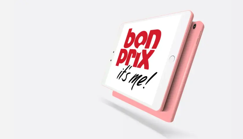 Różowy tablet z napisem "bon prix it's me!". Łatwe bonprix zwroty przez aplikację.