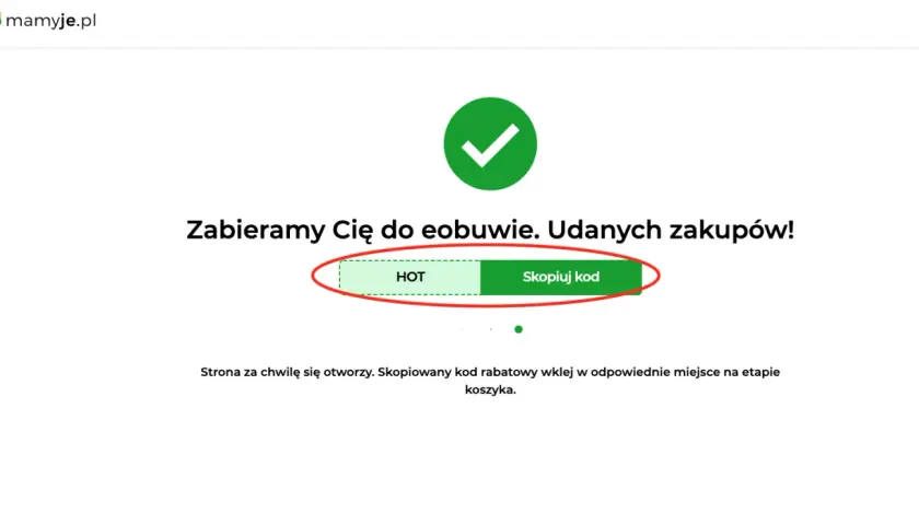 Zielony znaczek z haczykiem, przycisk "HOT Skopiuj kod" i tekst informacyjny.