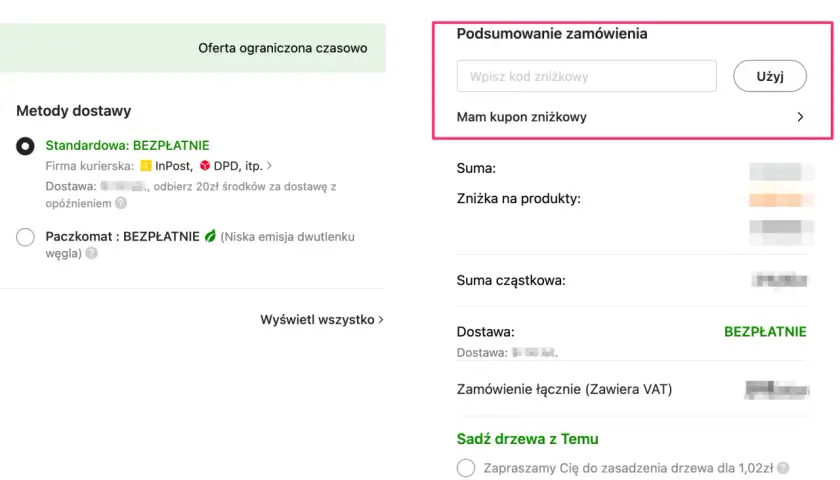 Podsumowanie zamówienia: wpisz kod zniżkowy, aby otrzymać rabat. Wybierz metodę dostawy i złóż zamówienie.