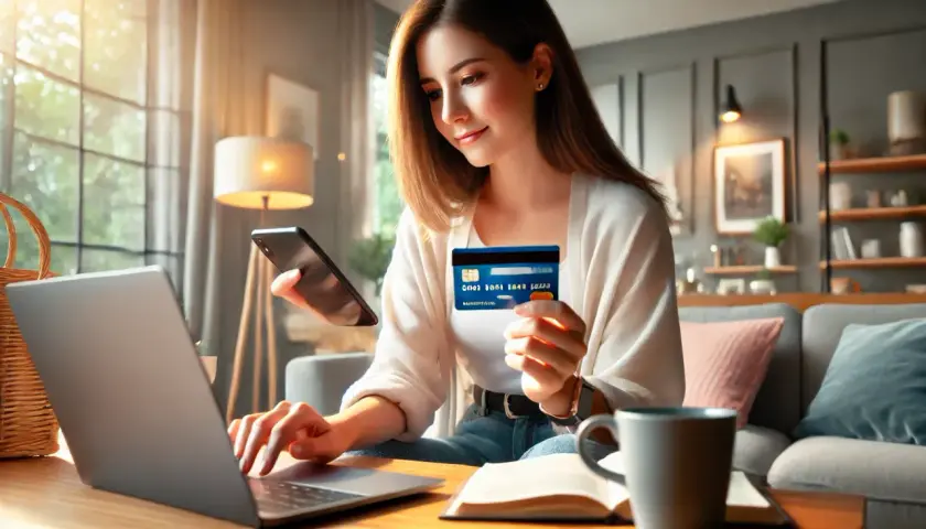 Kobieta z kartą kredytową i telefonem uczy się, jak zapłacić Paypo, wpisując dane na laptopie.